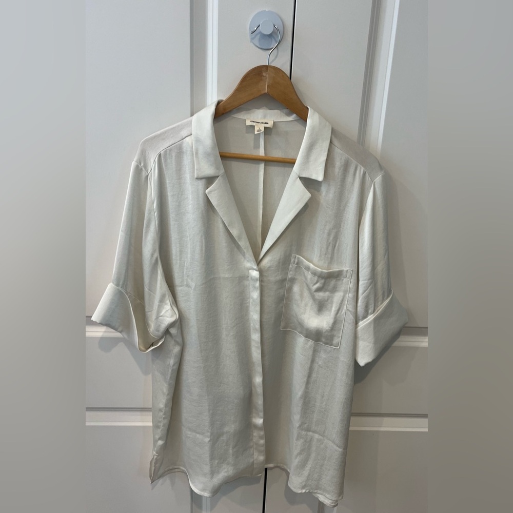 Open Edit NWT Women's Large ivory button up blouse short sleeve notched lapel